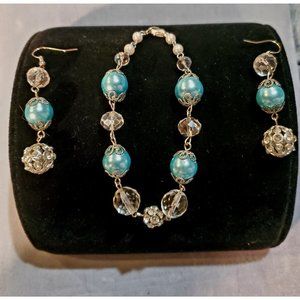 Vintage Beaded Bracelet and Dangle Earrings Blue Beads & Clear Faceted Crystals